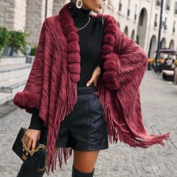 Faux Fur & Tassel Detailed Open Front Shawl Knit Sweater Cardigan Burgundy - Picture 6 of 7